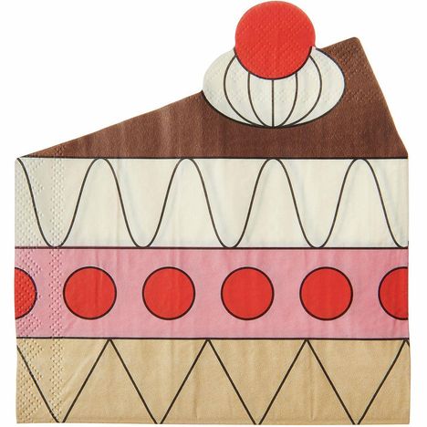 Eine Illustration einer Tortenstück-Serviette mit rotem Kreis oben und geometrischen Mustern in Rosa, Beige und Braun.