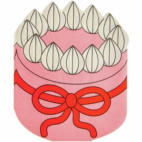 Illustration einer rosa Torte mit roten Bändern und Sahnehäubchen oben.