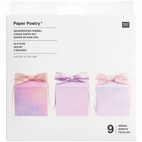 "Paper Poetry - The sky is the limit." Drei pastellfarbene Geschenkboxen mit Schleifen.