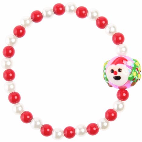 Ein Armband mit weißen und roten Perlen, eine größere Perle zeigt ein stilisiertes Gesicht mit roter Mütze.