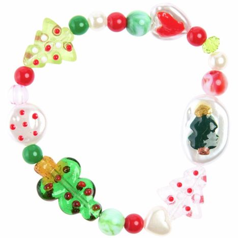 Bunter Perlenarmreif mit weihnachtlichen Motiven, wie Weihnachtsbäume und Herzen, in Rot, Grün und Weiß.