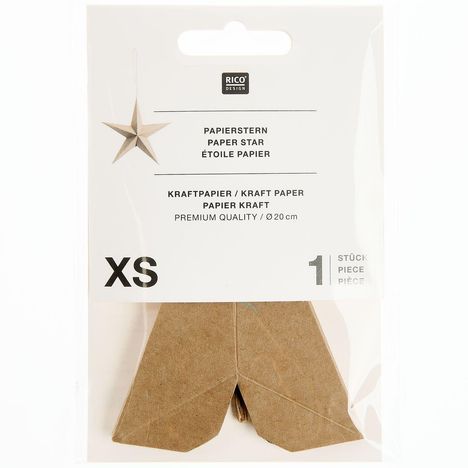 "Papierstern", "Kraftpapier", "XS", 1 Stück. Ein brauner Papierstern in einer klaren Verpackung mit Aufhängeloch.