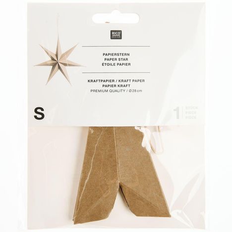 "Papierstern, Kraftpapier, Premium Quality, Ø 28 cm. Verpackung enthält einen braunen Papierstern. Größe S."