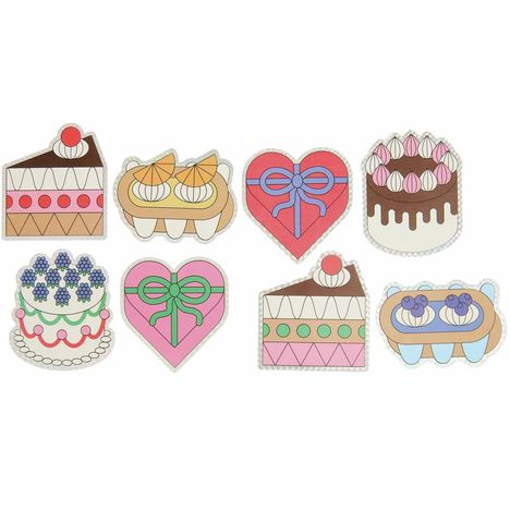 Es sind acht bunte Kuchen- und Herzillustrationen mit verschiedenen Verzierungen und Dekorationen.