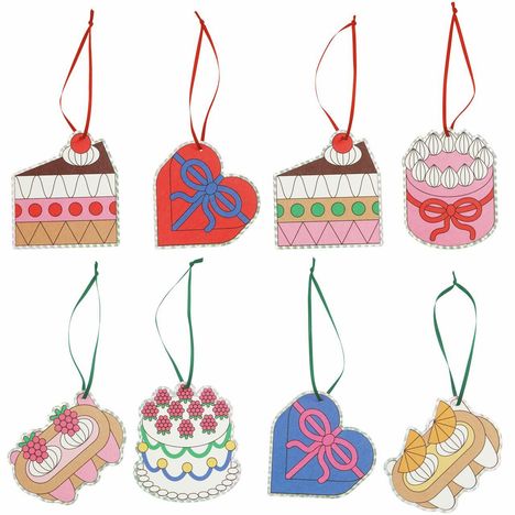 Illustration von bunten, kuchenförmigen Anhängern mit roten und grünen Bändern.