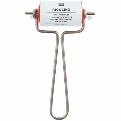 Text: "RICOLINO LINOL FARBWALZE". Eine rote Farbwalze mit Metallgriff, detailliert in einer Nahansicht.