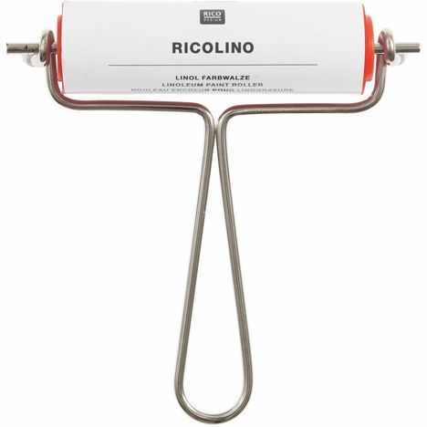 "RICOLINO Linol Farbwalze, Linoleum Paint Roller." Eine Farbwalze mit rotem und metallischem Griff.