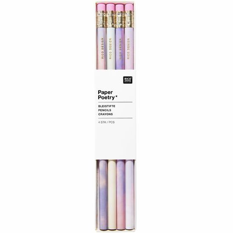 "Paper Poetry*", "Bleistifte", "Rico Design" auf einer Schachtel mit vier pastellfarbenen Bleistiften.
