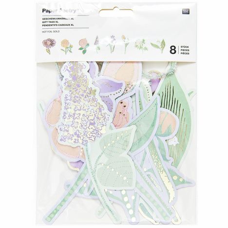 Text: "GESCHENKANHÄNGER XL, 8 Stück". Bunte Blumenmotive als Anhänger präsentiert, verziert mit goldenen Details.