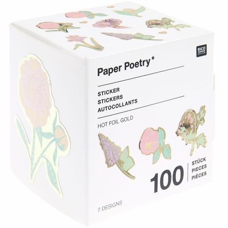 "Paper Poetry" Stickerbox, 100 Stück, 7 Designs, mit bunten Blumenmotiven und goldenen Elementen.