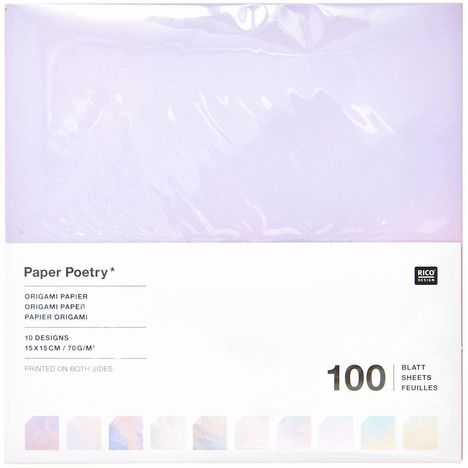 "Paper Poetry", "Origami Papier", "100 Blatt". Ein Pastelllila Papierstapel und ein kleines RICO Design Logo.