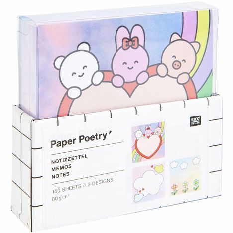 "Paper Poetry*, Notizzettel, Memos, Notes, 150 Sheets, 3 Designs, 80 g/m². Drei niedliche Tiere umarmen ein Herz."