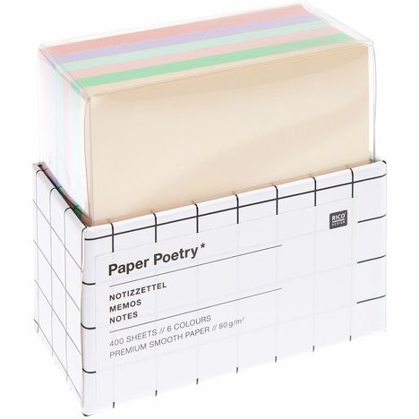 "Paper Poetry*, Notizzettel, 400 Sheets, 6 Colours." Verpackung mit mehrfarbigen Notizzetteln.