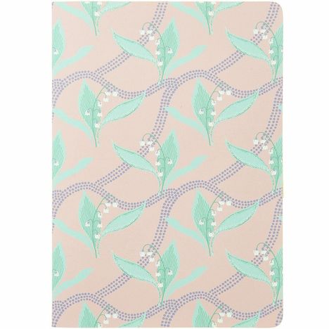 Keine Texte vorhanden. Pastellhintergrund mit grün-weißen Blättern und Blumen, gepunktete lilafarbene Muster.