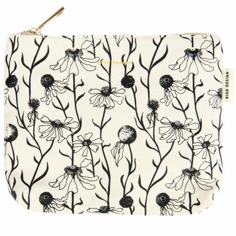 „RICO DESIGN“ an der Seite. Kleine Tasche mit schwarzem Blumenmuster auf weißem Hintergrund und goldenem Reißverschluss.