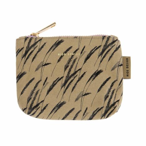 Kosmetiktasche mit "Rico Design" Aufdruck, schwarzem Gräsermuster auf beige, goldener Reißverschluss.