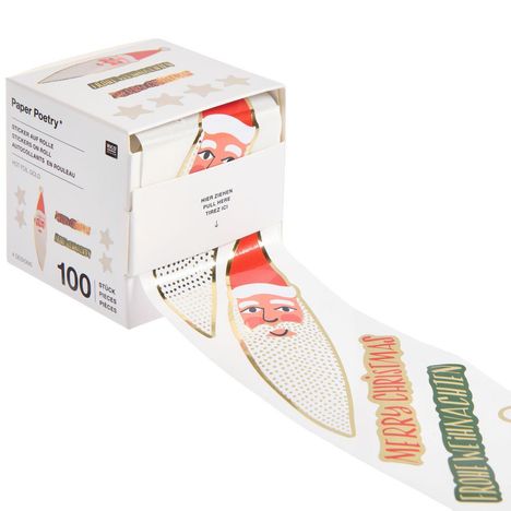 "Hier ziehen" und "Merry Christmas/Frohe Weihnachten" auf Stickerrolle mit Weihnachtsmann-Design. 100 Stück.