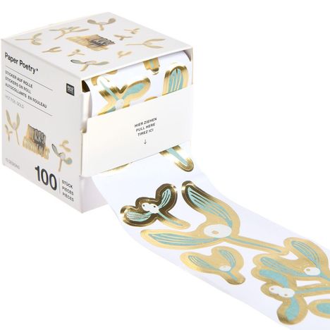 Text: "Hier ziehen". Schachtel mit Aufklebern, gold-grün mit Weihnachtsmotiv, 100 Stück pro Rolle.