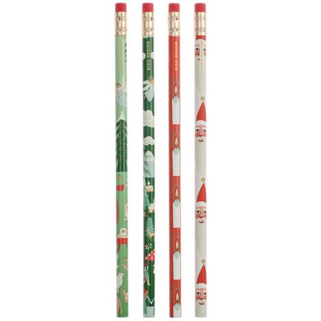 Vier Bleistifte, verziert mit weihnachtlichen Motiven und den Worten "Rico Design".