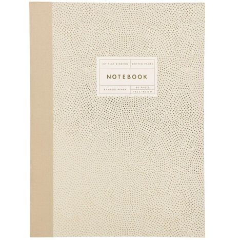 "Notebook" mit gepunktetem Muster und beiger Seite, Text: "Lay Flat Binding, Dotted Pages, Bamboo Paper, 80 Pages, 145 x 195 mm".