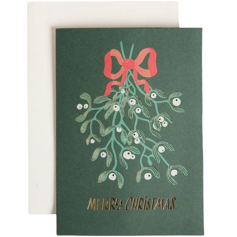 Text: "Merry Christmas". Illustration eines Mistelzweigs mit roten Schleifen auf dunklem Hintergrund.