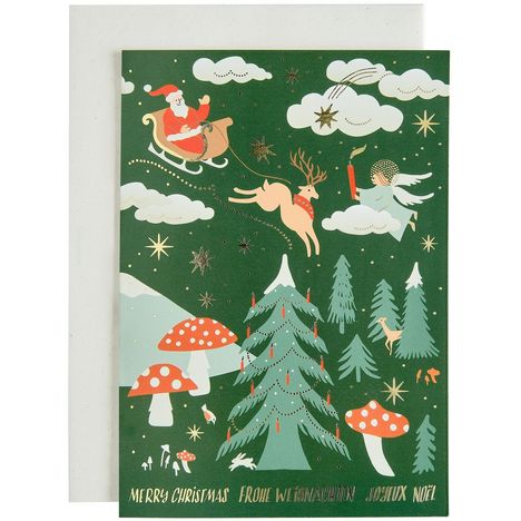 Merry Christmas, Frohe Weihnachten, Joyeux Noël. Illustration: Weihnachtsmann im Schlitten, Engel, Rentier, Tannenbäume.