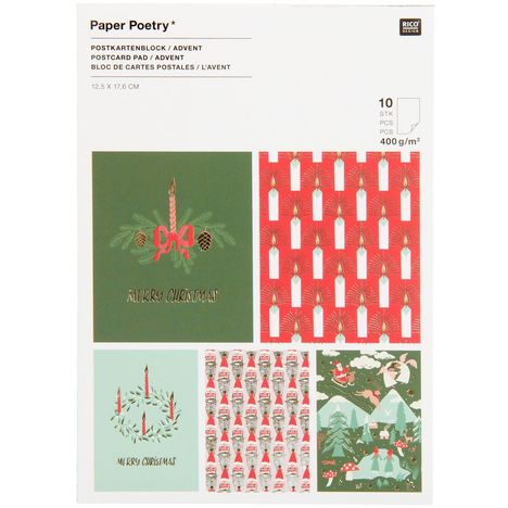 "Paper Poetry", "Merry Christmas". Enthält Karten mit weihnachtlichen Motiven: Kerzen, Tannen und weihnachtliche Szenen.