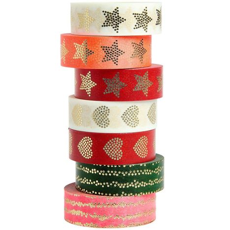 Bunte Washi-Tape-Rollen mit goldenen Mustern: Sterne, Herzen und Punkte in Rot, Weiß, Grün, Rosa.