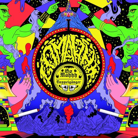 Label „Go Mahhh Doppelgänger“, bunte, psychedelische Illustration mit Figuren, Händen und surrealen Elementen.