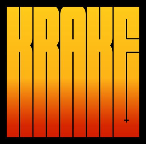 Text: "KRAKE" in großer, gelber Schrift, die nach unten orange wird. Illustration mit kräftigen Farben.
