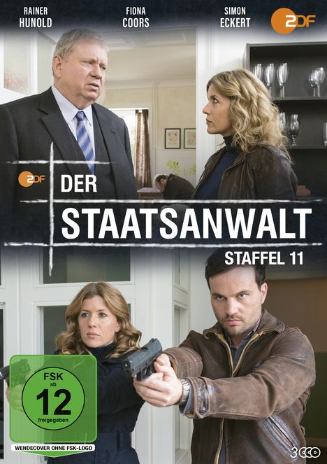 "Der Staatsanwalt, Staffel 11. Rainer Hunold, Fiona Coors, Simon Eckert. Oben: Mann und Frau in Gespräch. Unten: Zwei Personen mit Waffen."