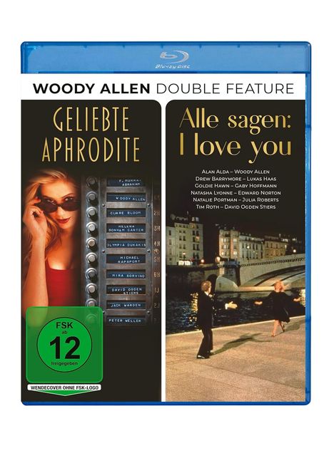 "Geliebte Aphrodite", "Alle sagen: I love you", FSK 12. Links: Frau mit Sonnenbrille. Rechts: Paar an einem Flussufer.