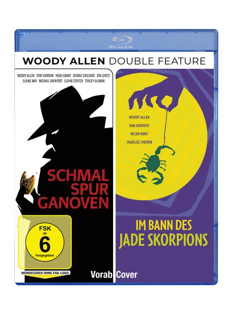 WOODY ALLEN DOUBLE FEATURE. Zwei Illustrationen: links ein Detektiv, rechts eine Hand mit Skorpion.