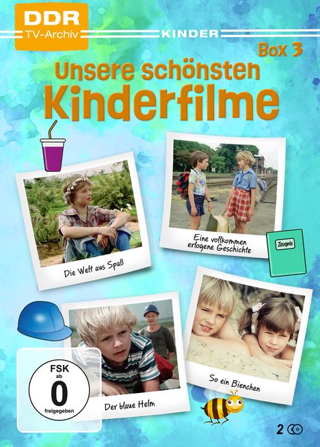 "Unsere schönsten Kinderfilme" zeigt sechs Kinder und bunte Symbole auf blauem Hintergrund. Wörter: "Die Welt aus Spaß".