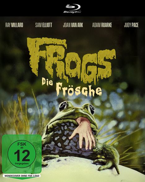 Text: "Frogs: Die Frösche", FSK 12. Eine Illustration zeigt einen Frosch, der eine menschliche Hand im Mund hat.