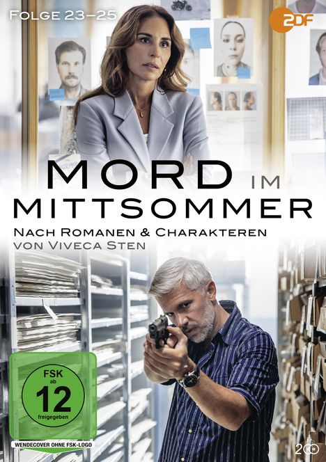 „Folge 23–25“, „Mord im Mittsommer“, „Nach Romanen & Charakteren von Viveca Sten“. Zwei Personen, ZDF-Logo.