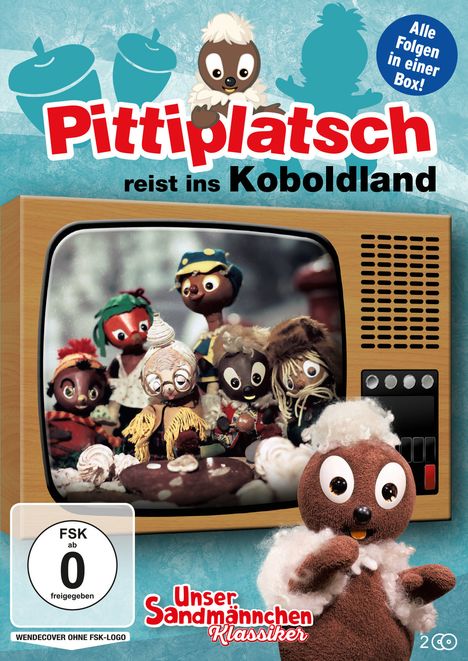 „Pittiplatsch reist ins Koboldland. Alle Folgen in einer Box!“ Eine Figur vor einem alten Fernseher mit weiteren Figuren.