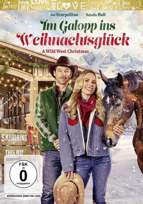 "Im Galopp ins Weihnachtsglück - A Wild West Christmas. SKIJORING THIS WAY. Ein Mann, eine Frau und ein Pferd im Schnee."