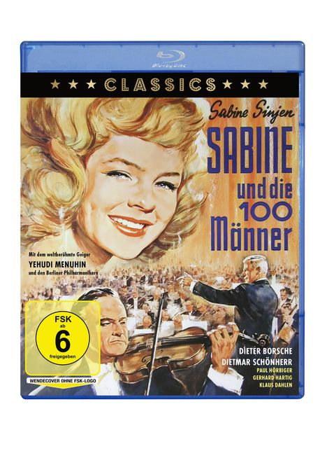 „Sabine und die 100 Männer“, Illustration: Frau, Violinist, Orchester, Schriftzug „CLASSICS“. FSK 6.