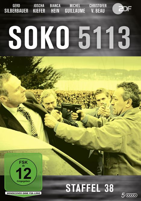 SOKO 5113, Staffel 38. FSK 12. Männer in Spannungsszene mit gezogener Waffe. ZDF-Logo oben rechts.