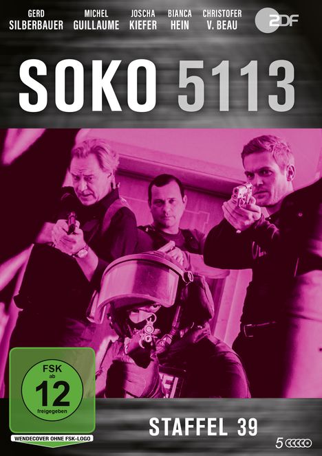 "SOKO 5113", "STAFFEL 39", Schauspielernamen oben, ZDF-Logo, FSK 12, dramatische Szene mit bewaffneten Figuren.