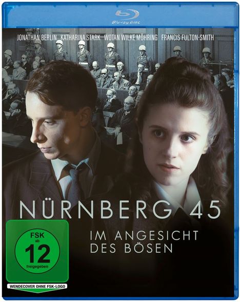Texts: "NÜRNBERG 45", "IM ANGESICHT DES BÖSEN", Schauspielernamen. Zwei ernste Gesichter vor historischem Gerichtssaal.
