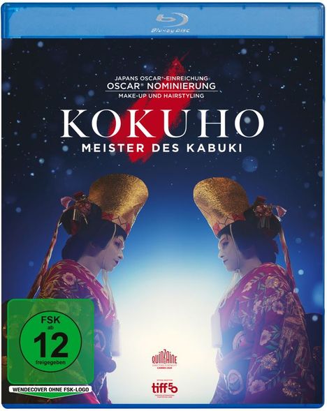 Text: "Japan's Oscar-Einreichung, OSCAR Nominierung, Make-up und Hairstyling, KOKUHO, Meister des Kabuki." Zwei Kabuki-Darsteller.