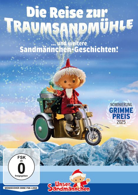 Texte: "Die Reise zur Traumsandmühle", "Grimme Preis 2025", "Unser Sandmännchen". Illustration eines Sandmännchens.