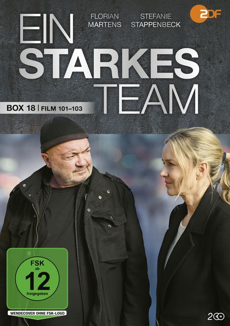 "Ein starkes Team", "BOX 18 | FILM 101–103", "FSK ab 12". Zwei Menschen, ein Mann links, eine Frau rechts, beide in dunkler Kleidung.