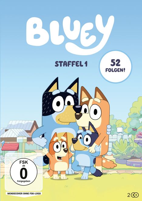 „Bluey Staffel 1“ steht oben. Unter dem Titel „52 Folgen!“ Darunter eine blaue Hunde-Familie.