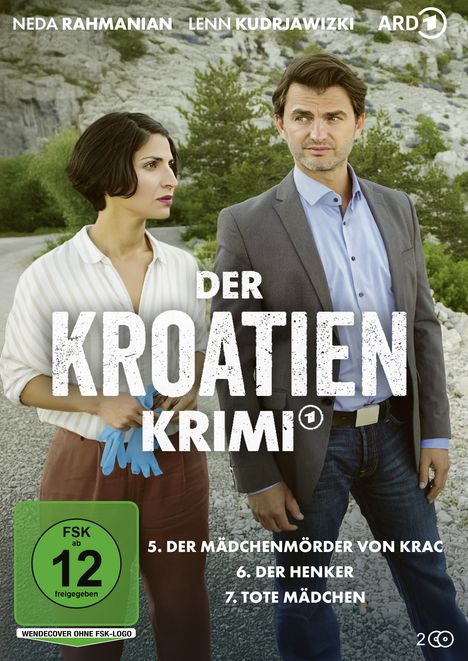 "Der Kroatien Krimi", zwei Personen stehen draußen vor einem felsigen Hintergrund.