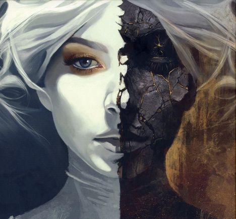 Ein halb helles, halb dunkles Gesicht. Links weich und lebendig, rechts dunkel und rissig. Eine kontrastreiche Illustration.