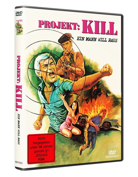 "PROJEKT: KILL - Ein Mann will raus". Illustration mit Zielscheibe, Frauen und Flammen; FSK 18 Kennzeichnung.