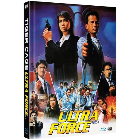 "TIGER CAGE ULTRA FORCE TEIL 4" in großen Buchstaben. Personen mit Waffen in Action-Pose, explodierende Hintergründe.